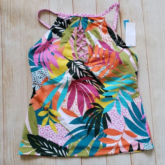 Bleu Rod Beattie Wild At Heart Keyhole High Neck Tropical Floral Tankini Top - Picture 3 of 8